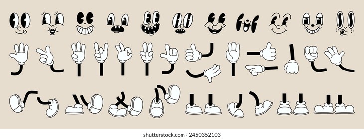 Set of 70s groovy comic faces vector. Collection of cartoon character faces, leg, hand in different emotions happy, angry, sad, cheerful. Cute retro groovy hippie illustration for decorative, sticker