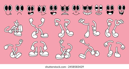 Set of 70s groovy comic faces vector. Collection of cartoon character faces, leg, hand in different emotions happy, angry, sad, cheerful. Cute retro groovy hippie illustration for decorative, sticker