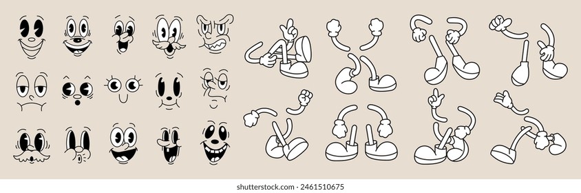 Set of 70s groovy comic faces vector. Collection of cartoon character faces, leg, hand in different emotions happy, angry, sad, cheerful. Cute retro groovy hippie illustration for decorative, sticker