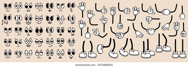 Set of 70s groovy comic faces. Collection elements of cartoon character faces, leg, hand in different emotions happy, angry, sad, cheerful. Vector illustration