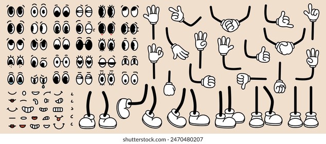 Set of 70s groovy comic faces. Collection elements of cartoon character faces, leg, hand in different emotions happy, angry, sad, cheerful. Vector illustration