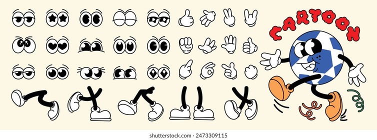 Set of 70s groovy comic faces vector. Collection of cartoon character faces, leg, hand in different emotions happy, angry, sad, cheerful. Cute retro groovy hippie illustration for decorative, sticker.