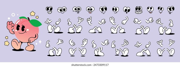 Set of 70s groovy comic faces vector. Collection of cartoon character faces, leg, hand in different emotions happy, angry, sad, cheerful. Cute retro groovy hippie illustration for decorative, sticker.