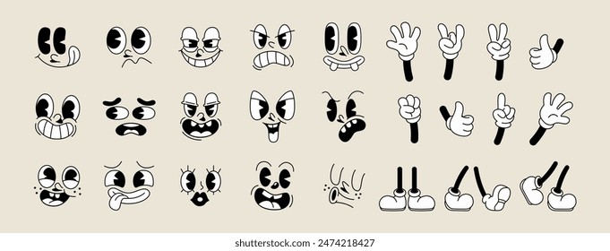 Set of 70s groovy comic faces vector. Collection of cartoon character faces, leg, hand in different emotions happy, angry, sad, cheerful. Cute retro groovy hippie illustration for decorative, sticker