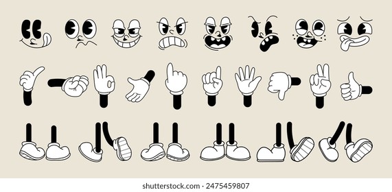 Set of 70s groovy comic faces vector. Collection of cartoon character faces, leg, hand in different emotions happy, angry, sad, cheerful. Cute retro groovy hippie illustration for decorative, sticker