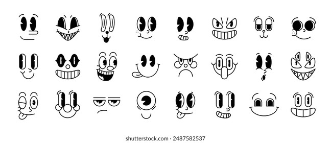 Conjunto de 70s Vector de caras cómicas. Colección de caras de personajes de dibujos animados, en diferentes emociones, felices, enojados, tristes, alegres. Lindo retro groovy hippie ilustración para decorativo, pegatina.