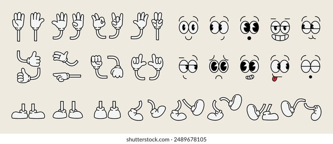 Set of 70s groovy comic faces vector. Collection of cartoon character faces, leg, hand in different emotions happy, angry, sad, cheerful. Cute retro groovy hippie illustration for decorative, sticker.