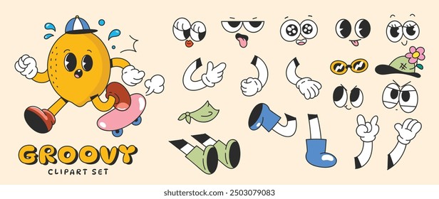 Set of 70s groovy comic faces vector. Collection of cartoon character faces, leg, hand in different emotions happy, angry, sad, cheerful. Cute retro groovy hippie illustration for decorative, sticker.