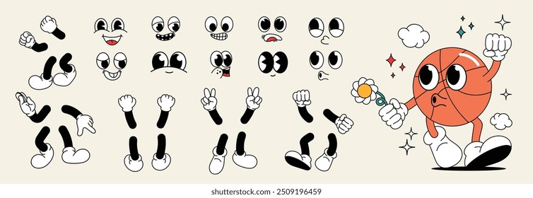 Set of 70s groovy comic faces vector. Collection of cartoon character faces, leg, hand in different emotions happy, angry, basketball. Cute retro groovy hippie illustration for decorative, sticker.