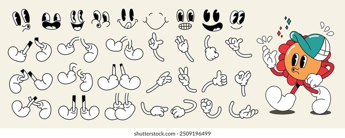 Set of 70s groovy comic faces vector. Collection of cartoon character faces, leg, hand in different emotions happy, angry, sad, flower. Cute retro groovy hippie illustration for decorative, sticker.