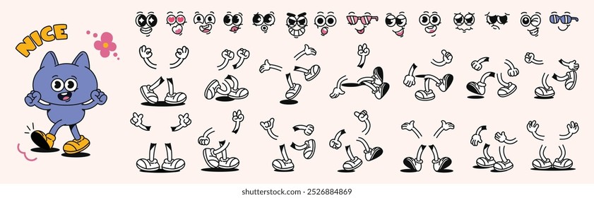 Set of 70s groovy comic faces vector. Collection of cartoon character faces, leg, hand in different emotions happy, angry, sad, cheerful. Cute retro groovy hippie illustration for decorative, sticker.