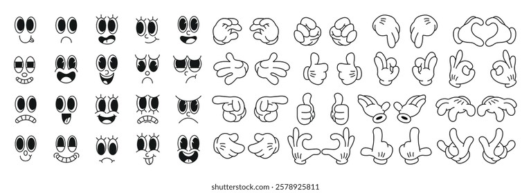 Set of 70s groovy comic faces vector. Collection of cartoon character faces, hand in different emotions happy, angry, sad, cheerful. Cute retro groovy hippie illustration for decorative, sticker