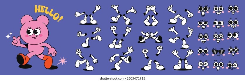 Set of 70s groovy comic faces vector. Collection of cartoon character faces, leg, hand in different emotions happy, angry, sad, cheerful. Cute retro groovy hippie illustration for decorative, sticker.