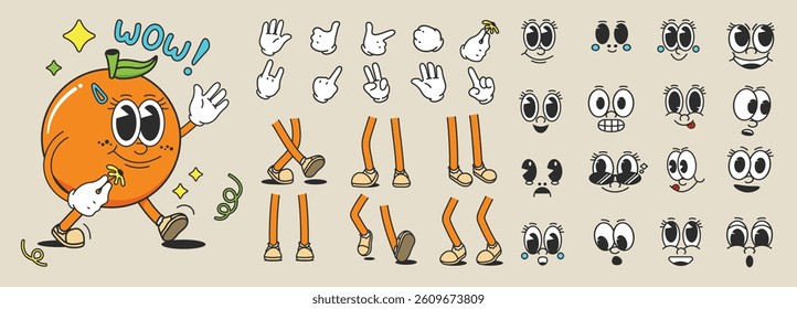 Set of 70s groovy comic faces vector. Collection of cartoon character faces, leg, hand in different emotions happy, angry, sad, cheerful. Cute retro groovy hippie illustration for decorative, sticker.