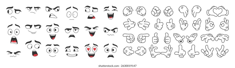 Set of 70s groovy comic faces vector. Collection of cartoon character faces, leg, hand in different emotions happy, angry, sad, cheerful. Cute retro groovy hippie illustration for decorative, sticker