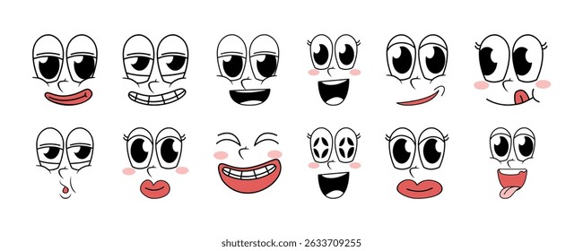 Set of 70s groovy comic faces vector. Collection of cartoon character faces, in different emotions, happy, angry, sad, cheerful. Cute retro groovy hippie illustration for decorative, sticker