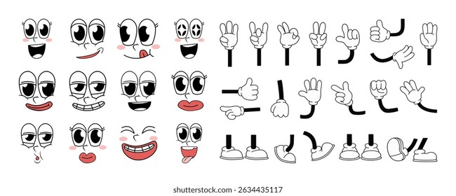 Set of 70s groovy comic faces vector. Collection of cartoon character faces, leg, hand in different emotions happy, angry, sad, cheerful. Cute retro groovy hippie illustration for decorative, sticker
