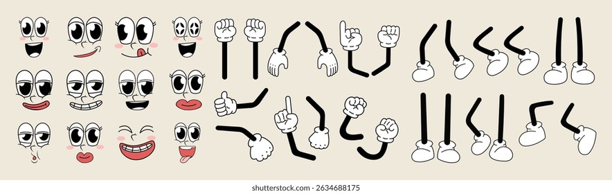 Set of 70s groovy comic faces vector. Collection of cartoon character faces, leg, hand in different emotions happy, angry, sad, cheerful. Cute retro groovy hippie illustration for decorative, sticker