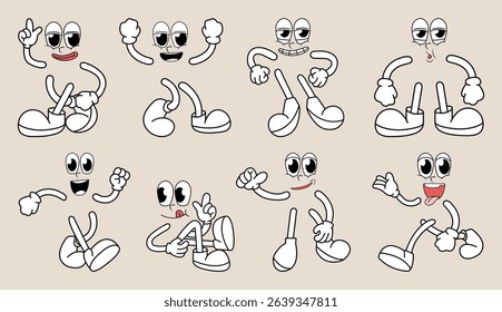 Set of 70s groovy comic faces vector. Collection of cartoon character faces, leg, hand in different emotions happy, angry, sad, cheerful. Cute retro groovy hippie illustration for decorative, sticker