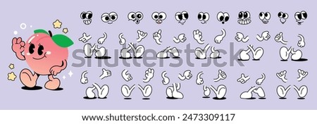 Set of 70s groovy comic faces vector. Collection of cartoon character faces, leg, hand in different emotions happy, angry, sad, cheerful. Cute retro groovy hippie illustration for decorative, sticker.