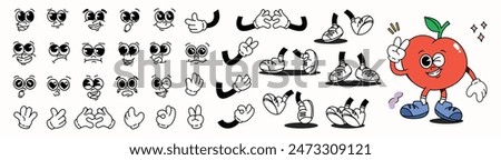 Set of 70s groovy comic faces vector. Collection of cartoon character faces, leg, hand in different emotions happy, angry, sad, cheerful. Cute retro groovy hippie illustration for decorative, sticker.