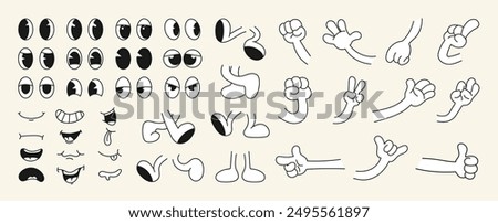 Set of 70s groovy comic faces vector. Collection of cartoon character faces, leg, hand in different emotions happy, angry, sad, cheerful. Cute retro groovy hippie illustration for decorative, sticker.