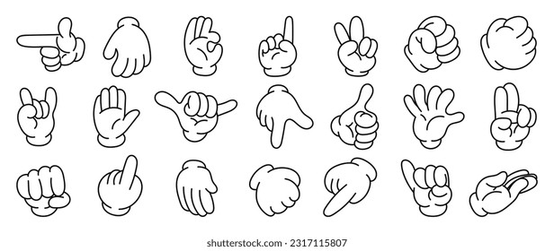 Set of 70s groovy comic hand vector. Collection of cartoon character hands, in different poses, okay, pointing, victory sign, high five. Cute retro groovy hippie illustration for decorative, sticker.