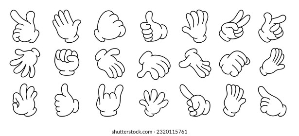 Set of 70s groovy comic hand vector. Collection of cartoon character hands, in different poses, okay, pointing, victory sign, high five. Cute retro groovy hippie illustration for decorative, sticker.