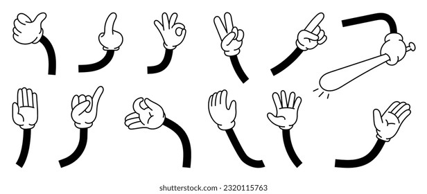 Set of 70s groovy comic hand vector. Collection of cartoon character hands, in different poses, okay, pointing, victory sign, high five. Cute retro groovy hippie illustration for decorative, sticker.