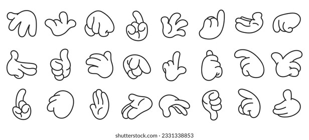 Set of 70s groovy comic hand vector. Collection of cartoon character hands, in different poses, okay, pointing, victory sign, high five. Cute retro groovy hippie illustration for decorative, sticker