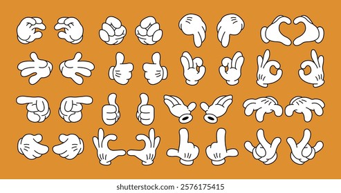 Set of 70s groovy comic hand vector. Collection of cartoon character hands, in different poses, okay, pointing, victory sign, high five. Cute retro groovy hippie illustration for decorative, sticker