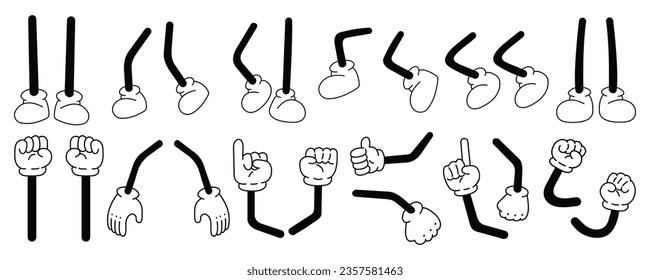 Set of 70s groovy comic hands, legs vector. Collection of cartoon character leg, hand in different emotions happy, angry, sad, cheerful. Cute retro groovy hippie illustration for decorative, sticker