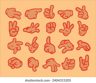 Set of 70s groovy comic hands vector. Mascot hand gestures. Collection of hans cartoon character with texture.