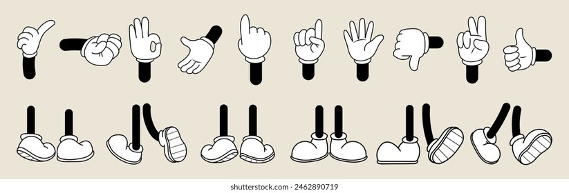 Set of 70s groovy comic hands and legs. Collection of cartoon character leg, hand in different emotions happy, angry, sad, cheerful. Cute retro groovy hippie illustration for decorative, sticker