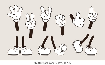 Set of 70s groovy comic hands and legs. Collection of cartoon character leg, hand in different emotions happy, angry, sad, cheerful. Cute retro groovy hippie illustration for decorative, sticker