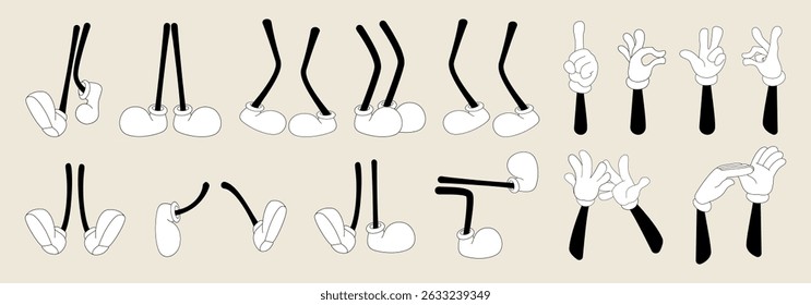 Set of 70s groovy comic hands and legs. Collection of cartoon character leg, hand in different emotions happy, angry, sad, cheerful. Cute retro groovy hippie illustration for decorative, sticker