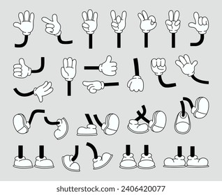 Set of 70s groovy comic leg, hand vector. Collection of cartoon character leg, hand in different emotions happy, angry, sad, cheerful. Cute retro groovy hippie illustration for decorative, sticker