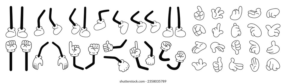 Set of 70s groovy comic legs, hands vector. Collection of cartoon character leg, hand in different emotions happy, angry, sad, cheerful. Cute retro groovy hippie illustration for decorative, sticker