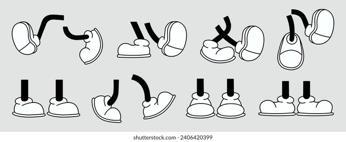 Set of 70s groovy comic legs vector. Collection of cartoon character legs in different pose okay, good job, pointing, like. Cute retro groovy hippie illustration for decorative, sticker, icon