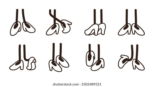 Set of 70s groovy comic legs vector. Collection of cartoon character legs in different pose okay, good job, pointing, like. Cute retro groovy hippie illustration for decorative, sticker, icon