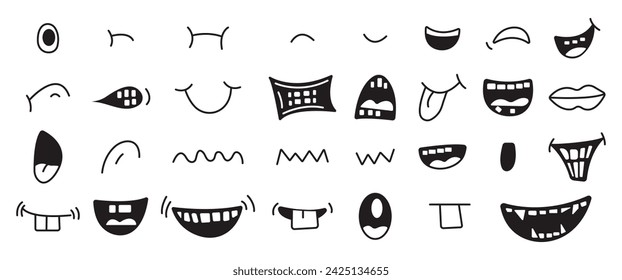 Set of 70s groovy comic mouth vector. Collection of cartoon character mouth, in different emotions, happy, angry, sad, cheerful. Cute retro groovy hippie illustration for decorative, sticker