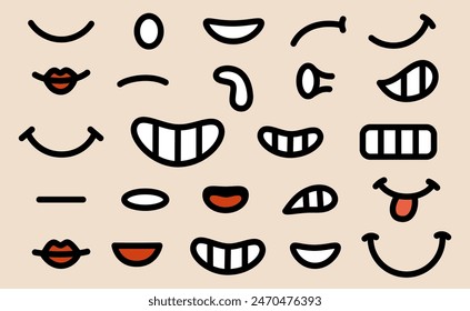 Set of 70s groovy comic mouth. Collection elements of retro cartoon character faces. Mouth in different emotions happy, angry, sad, cheerful. Vector illustration