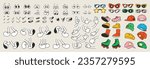 Set of 70s groovy comic vector. Collection of cartoon character faces in different emotions, hand, glove, glasses, hat, shoes. Cute retro groovy hippie illustration for decorative, sticker.