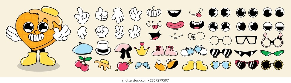 Set of 70s groovy comic vector. Collection of cartoon character faces in different emotions, hand, glove, glasses, hat, shoes, hairpin. Cute retro groovy hippie illustration for decorative, sticker.