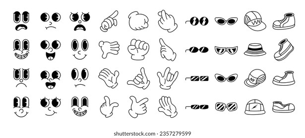 Set of 70s groovy comic vector. Collection of cartoon character faces in different emotions and hand, glove, glasses, hat, shoes. Cute retro groovy hippie illustration for decorative, sticker.