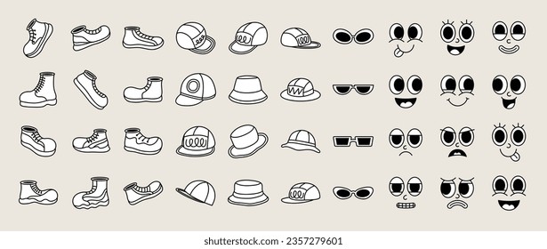 Set of 70s groovy comic vector. Collection of cartoon character faces in different emotions and glasses, hat, shoes. Cute retro groovy hippie illustration for decorative, sticker.