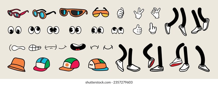 Set of 70s groovy comic vector. Collection of cartoon character faces in different emotions, hand, glove, glasses, hat, shoes. Cute retro groovy hippie illustration for decorative, sticker.