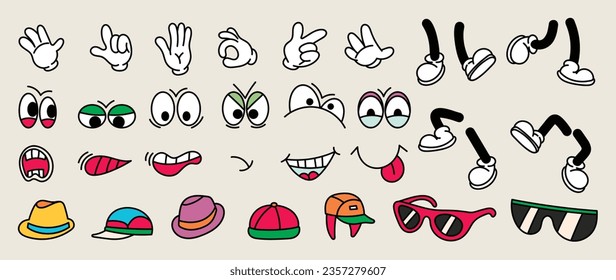 Satz von 70ern groovy Comic Vektor. Kollektion von Cartoon Charakter Gesichter in verschiedenen Emotionen, Hand, Handschuh, Brille, Hut, Schuhe. Cute Retro Groovy Hippie Illustration für dekorative, Aufkleber.