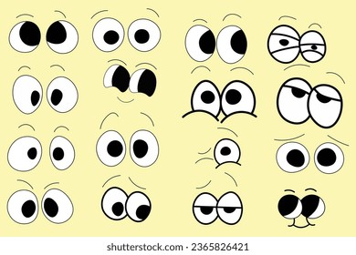 Set of 70s groovy comic vector. Collection of cartoon character faces in different emotions,