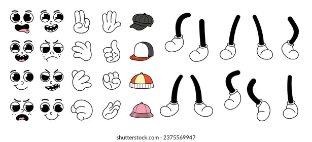 Set of 70s groovy comic vector. Collection of cartoon character faces in different emotions, hand, glove, hat, shoes. Cute retro groovy hippie illustration for decorative, sticker.